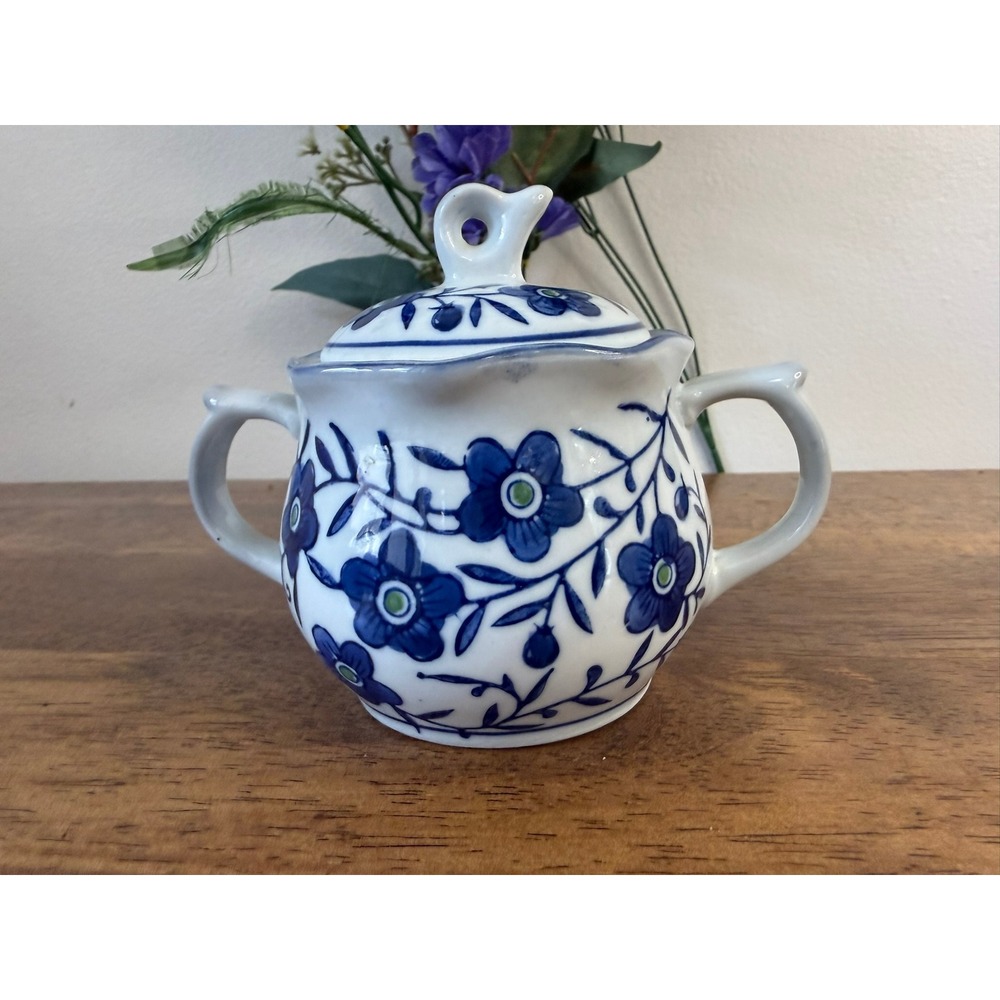 Vintage Gryphon Ware Blue White Green Floral Covered Sugar Bowl China Farmhouse